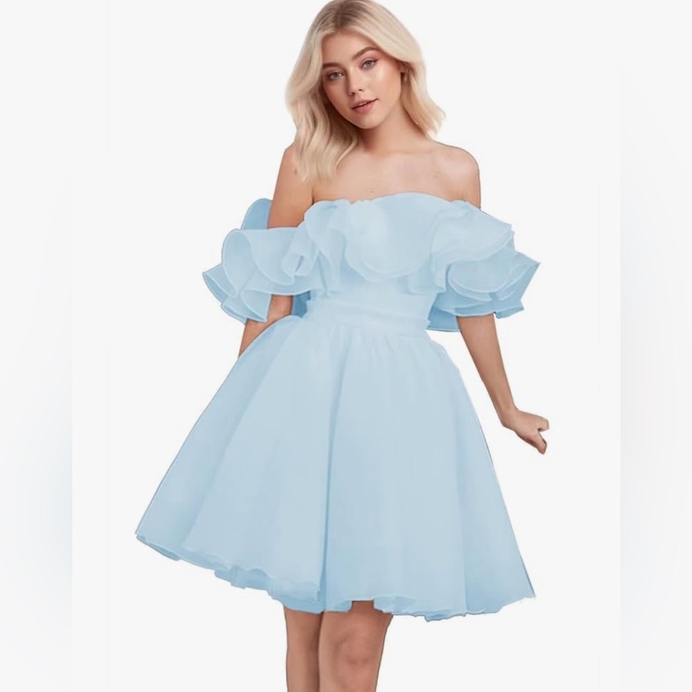 New Off Shoulder Tulle Ruffle Dress Short Puffy Homecoming Gown A Line Formal